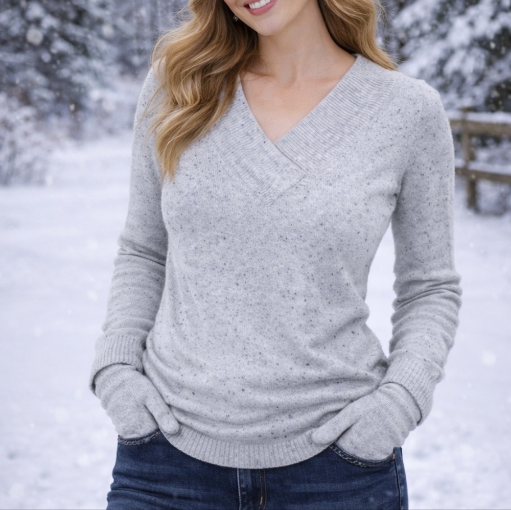 KAREN SCOTT | Cozy Fitted Crossover V-Neck Gray Sweater Black Speckles | XS